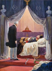 El Duque de Wellington visitando la efigie de Napoleón (litografía en color)