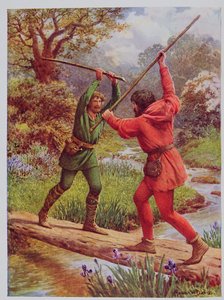 La lucha entre Robin Hood y Little John, ilustración de "Robin Hood y su vida en el alegre bosque verde", contada por Rose Yeatman Woolf, publicada por Raphael Tuck de Howard Davie
