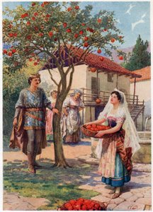 La fruta cayó sola en la cesta", de Cuentos italianos, de Lilia E. Romano, publicado por Raphael Tuck & Sons (litografía en color) de Howard Davie
