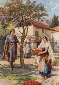 "La fruta cayó sola en la cesta" de "Los gatitos de las hadas" (litografía en color) de Howard Davie