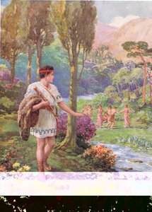 Bajo la sombra de las rocas y los árboles bailaban ninfas y pastores", ilustración de "Cómo Teseo mató a los devoradores de hombres", de Los héroes de los cuentos de hadas griegos, de Charles Kingsley (1819-75) (litografía en color) de Howard Davie