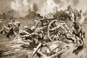 Sargento Herrador T. Harrison rescatando caballos y cañones de una posición insostenible bajo fuego de artillería cuando el oficial al mando había sido herido de Howard K. Elcock