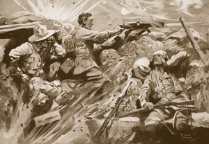 El soldado Cooke continúa disparando su ametralladora después de que todos los miembros del equipo de la ametralladora fueron asesinados o heridos de Howard K. Elcock