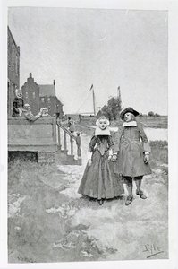 A lo largo del canal en el viejo Manhattan, ilustración de 