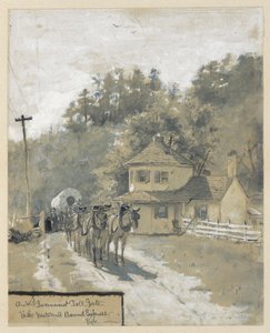 Una antigua puerta de peaje del gobierno con Westward Bound Express, dibujo de una ilustración para el artículo de Howard Pyle