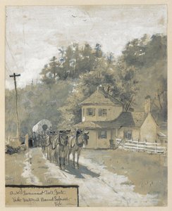Una antigua barrera de peaje gubernamental con un expreso rumbo al oeste, dibujo de una ilustración para el artículo «The Old National Pike», de William Henry Rideing de Howard Pyle