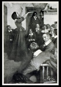 Anne Hutchinson predicando en su casa en Boston, 1637, ilustración de 