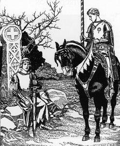 Leyenda Artúrica: Galahad conoce a Melyas de Lyle Ilustración de Howard Pyle (1853-1911) de La historia del grial y el paso de Arturo" 1910 Colección privada de Howard Pyle