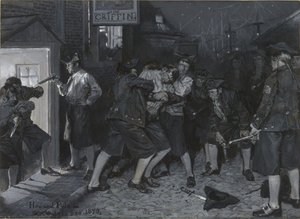 En la enseña del Grifo, dibujo de una ilustración para el artículo «Antiguos cafés de Nueva York», de John Austin Stevens de Howard Pyle
