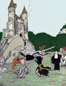 Batalla entre el Rey Arturo y el caballero negro en presencia de Merlín el encantador. Ilustración de Howard Pyle