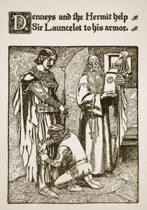 Denneys y el Ermitaño ayudan a Sir Launcelot a ponerse su armadura, ilustración de 