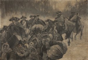 Cinco soldados de capa roja a caballo, con otro embozado hasta los ojos... agrupados en torno a ellos, una variopinta veintena de pobres, jóvenes y viejos... de Howard Pyle