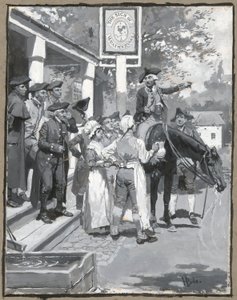 Se detiene ante el signo de la veleta, dibujo de la ilustración del poema de Howard Pyle