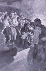 Llevó a Jack hasta el hombre que estaba sentado en el barril, de El Libro de Piratas de Howard Pyle publicado por Harper & Bros, 1921 de Howard Pyle