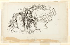 Ilustración de La circunstancia acomodaticia, II; Ajustando una larga flecha a su arco, la envió directamente a través del jinete más adelantado de Howard Pyle