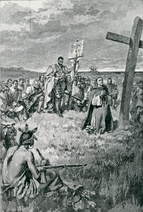 Jacques Cartier (1491-1557) levantando una cruz en Gaspé, ilustración de 