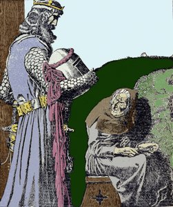 Rey Arturo y la bruja. Ilustración de Howard Pyle (1853 - 1911), ilustrador estadounidense.