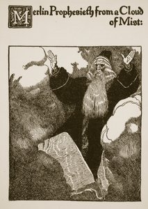 Merlín profetiza desde una nube de niebla, ilustración de 
