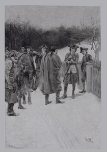 Paul Revere trayendo noticias a Sullivan, grabado por F.H. Wellington, ilustración de 