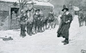 El gobernador puritano interrumpe los deportes navideños, grabado por J. Bernstrom, ilustración de 