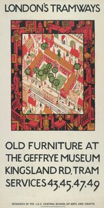 Muebles antiguos en el Museo Geffrye, cartel de tranvías del Consejo del Condado de Londres, 1924 de Howard Spear