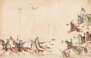 Bajo la nube y el lobo aullador luchan con el General Sully en 1868, 7ª Caballería cerca del Campamento Supply, 1874-75 de Howling Wolf