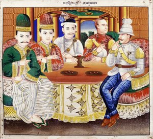Rey Thibaw con dignatarios y un oficial británico de Hsaya Chone and Hsaya Saw