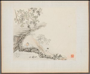 Álbum de pinturas de paisajes que ilustran viejos poemas: Un hombre yace bajo un saliente rocoso, 1700s de Hua Yan