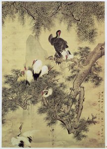 Ocho garzas de cresta roja en un pino, 1754 de Hua Yan