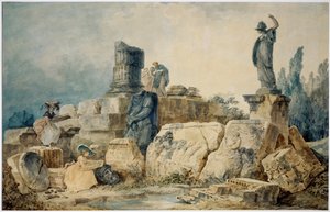 Dos jóvenes dibujan las ruinas de Roma, tres figuras vestidas con ropas antiguas las observan desde arriba ... de Hubert (circle of) Robert