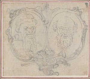 Cartucho Doble con Dos Cabezas y Símbolos de Fama y Locura de Hubert Francois Gravelot