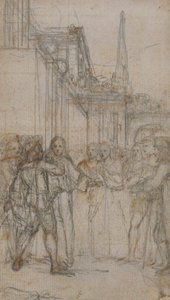 Ilustración literaria: Hombre con espada confrontando a un grupo de figuras frente a un edificio de Hubert Francois Gravelot