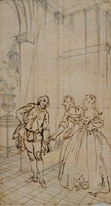 Ilustración literaria con caballero y dos damas en el interior de Hubert Francois Gravelot