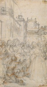 Ilustración literaria con grupo de figuras suplicando a un hombre de Hubert Francois Gravelot