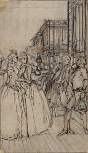 Ilustración literaria con dos damas y dos caballeros en una calle de Hubert Francois Gravelot