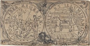 Medallones ornamentales con la adoración de los magos y dos bibliófilos de Hubert Francois Gravelot