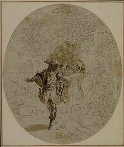 Estudio para una segunda edición, nunca publicada, de "La Partie de Chasse de Henri IV" de Colle, Acto II, Escena 11 de Hubert Francois Gravelot