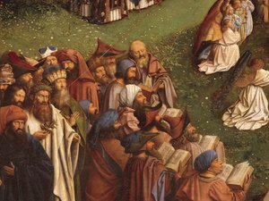 Detalle de la Adoración del Cordero Místico, de la tabla central del Retablo de Gante (óleo sobre tabla)