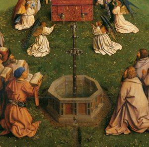 La Adoración del Cordero Místico, del Retablo de Gante, detalle de la mitad inferior del panel central