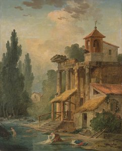 Un capricho con un ermitaño, 1796 de Hubert Robert