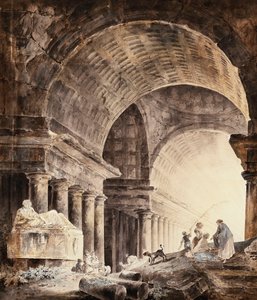 Un Gran Edificio con Bóveda de Crucería, con Mujeres y Niños y un Perro junto a Columnas Rotas de Hubert Robert