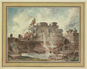Una fuente romana con una mujer recogiendo agua de Hubert Robert