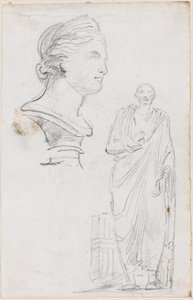 Busto de una mujer romana y estatua de un hombre romano