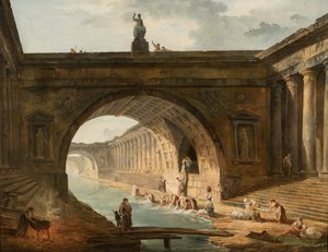Capricho con lavanderas junto a un canal de Hubert Robert
