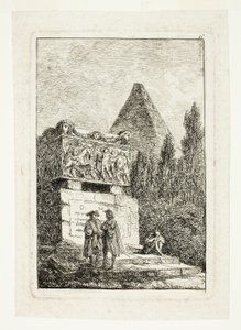 Paisaje con pirámide y sarcófago, lámina seis de Les Soirées de Rome