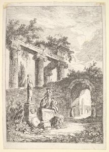 Lámina 3: La estatua ante las ruinas: una estatua a la izquierda junto a tres figuras en un p..., ca. 1763-64 de Hubert Robert
