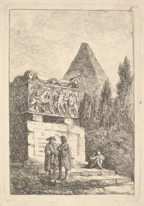 Placa 6: El Sarcófago: dos hombres conversando a la izquierda, otro hombre sentado y durmiendo..., ca. 1763-64 de Hubert Robert