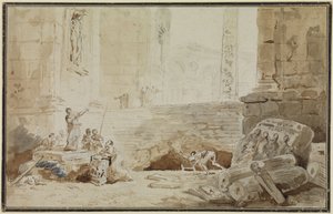 Capricho romano con una cantante callejera de Hubert Robert