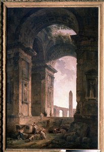Ruinas con un obelisco. Pintura de Hubert Robert (1733-1808), óleo sobre lienzo de Hubert Robert