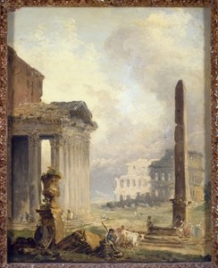 Ruinas romanas, el Foro con el Coliseo y el obelisco de Hubert Robert